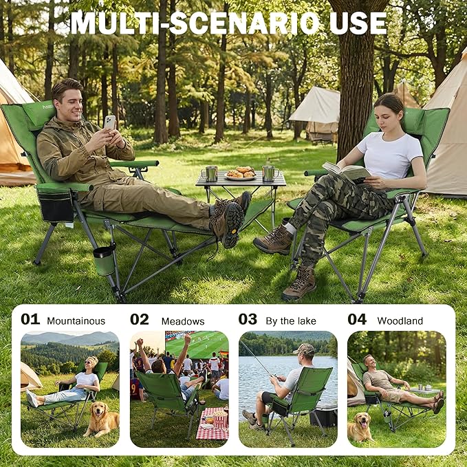 Folding Camping Chair for adults-3-in-1 Heavy Duty Foldable Camp Chair with Detachable Footstool, Padded Pillow, Cup Holder & Carry Bag,5-Speed Adjustable,400 LBS Capacity