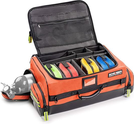 Scherber First Responder O2 Bag | Ultimate Professional EMT/EMS Trauma Oxygen Kit | Durable Reflective 600D Water Repellant Bag w/10+ Compartments, Zippered Pockets, Dividers & Padded Strap - Orange