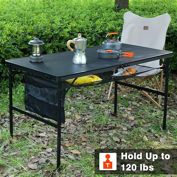 JOUYEK Folding Grill Table, 4x2 FT Portable Camping Table, Lightweight Height Adjustable Metal Tables with Mesh Desktop and Mesh Bag, Outdoor Tables for Camping, Picnic, Beach and BBQ, Black