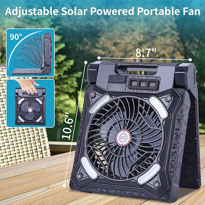 WESTTREE Solar Fan Battery Powered Rechargeable Solar Camping Fan with Led Lantern & Power Bank Foldable Angle USB Personal Fans for Travel Outdoor Camping Tents X98 Black