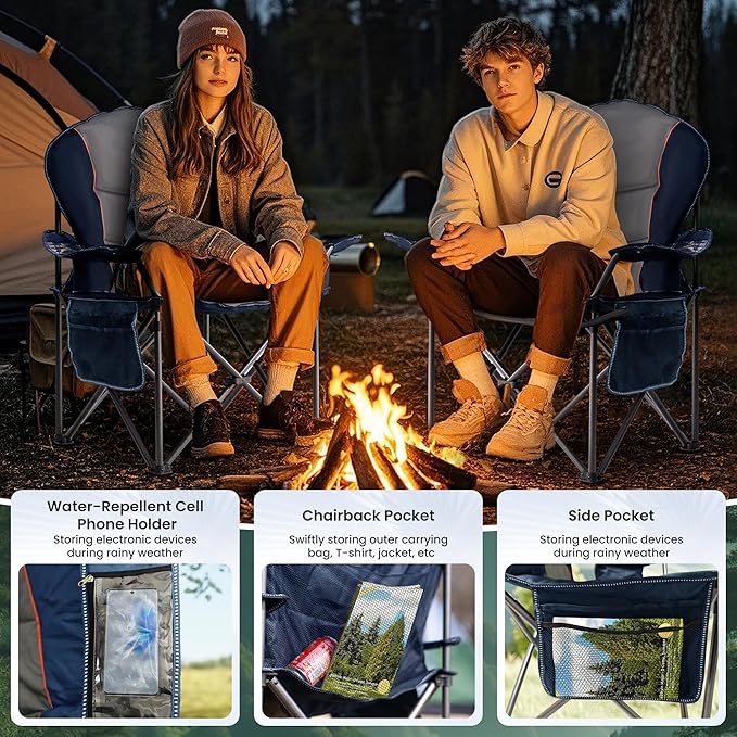 Oversized Camping Chair Heavy Duty- Portable Folding Chair, Cup Holder & Waterproof Phone Case for Adults, Beach, Hiking, Backyard (Blue & Gray, 1 PCS)