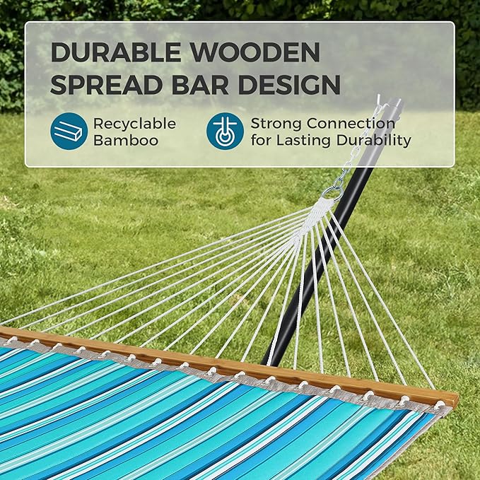 SUPERJARE Hammock with Stand, 2 Person Quilted Outdoor Hammock, Detachable Pillow & Bamboo Spreaders, Portable Hammock with Carrying Bag, Heavy Duty Stand, Perfect for Outside, Patio, Aqua Blue