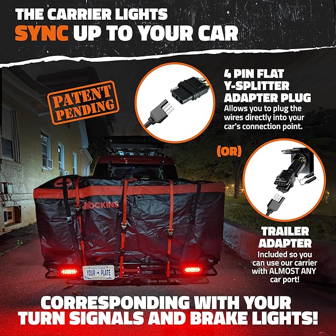 Mockins 70"x30"x6" XXL Folding Trailer Hitch Cargo Carrier w/Rear Lights, Plate Bracket & 40 CuFt Waterproof Cargo Bag for Hitch Carrier | 500 Lbs Cap Luggage Rack for SUV Car & Truck w/Accessories