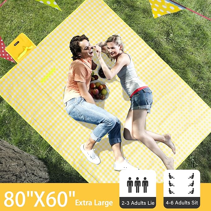 HX&OD Picnic Blanket Outdoor Extra Large Picnic Mat 80"X60" Camping Blanket Beach Blanket Foldable Waterproof Sand Mat Hiking Travel Family Concerts(Yellow)