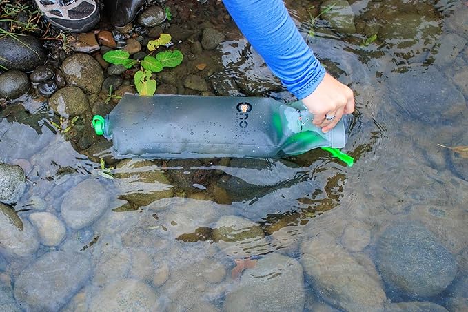 VectoX Extra Durable Water Collection and Filtration Bag 3L Green - 28mm Neck Compatible with Popular Filters - Wide Opening for Water Collection - Lightweight and Compact - Tethered Cap and Slider
