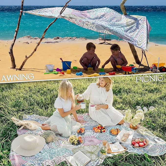 BYDOLL Beach Blanket Waterproof Sandproof Large Sand Free, 78''X81'' Oversized Sandless Lightweight Blanket Picnic Mat for Beach Travel Camping Hiking with Stakes