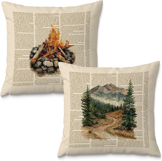 Nature Adventure Camping Pillow Covers 18x18 Set of 2, Gifts for Hiking Camping Lovers, Vintage Campfire Mountain Decorative Throw Pillow Covers for Couch Sofa Bedroom Living Room Home