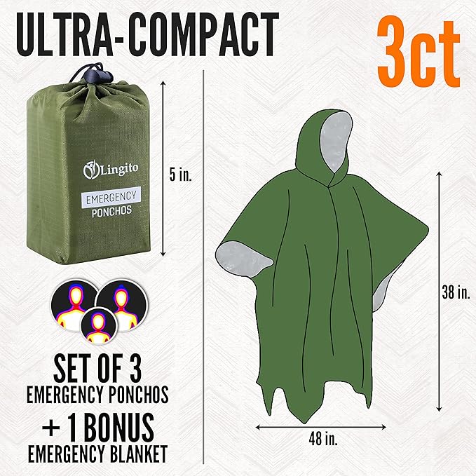 Lingito Rain Ponchos Family Pack - Emergency Drawstring Hood Poncho for Children & Adults Lightweight Reusable or Disposable