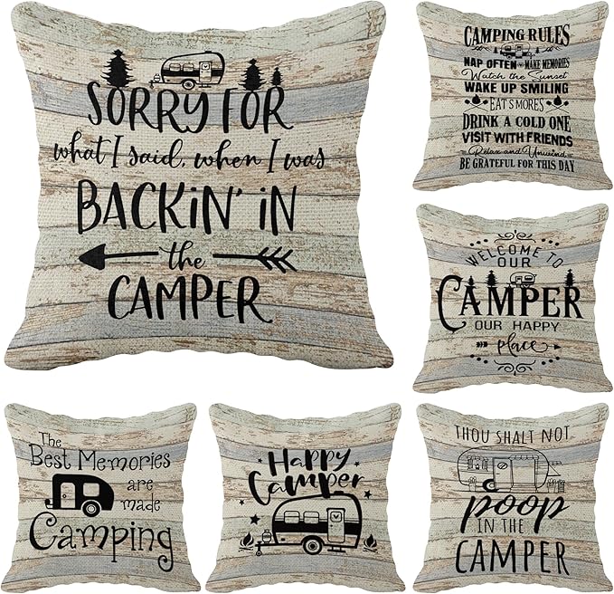 Happy Camper Pillow Cushion Cover Set of 6, 18 x 18 Inch - RV, Trailer & Camping Decor
