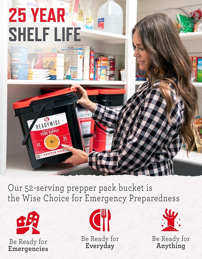 ReadyWise Prepper Pack Bucket - 52 Servings Emergency Food Supply, Survival Kit, Protein Meals, Dehydrated & Freeze Dried Food, Ready to Eat Camping Essentials, up to 25 Year Shelf Stable Life