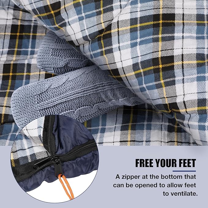 REDCAMP Flannel Sleeping Bag for Adults, Comfortable Cotton Sleeping Bags for Camping with Detachable Hood, Red/Grey/Blue/Black