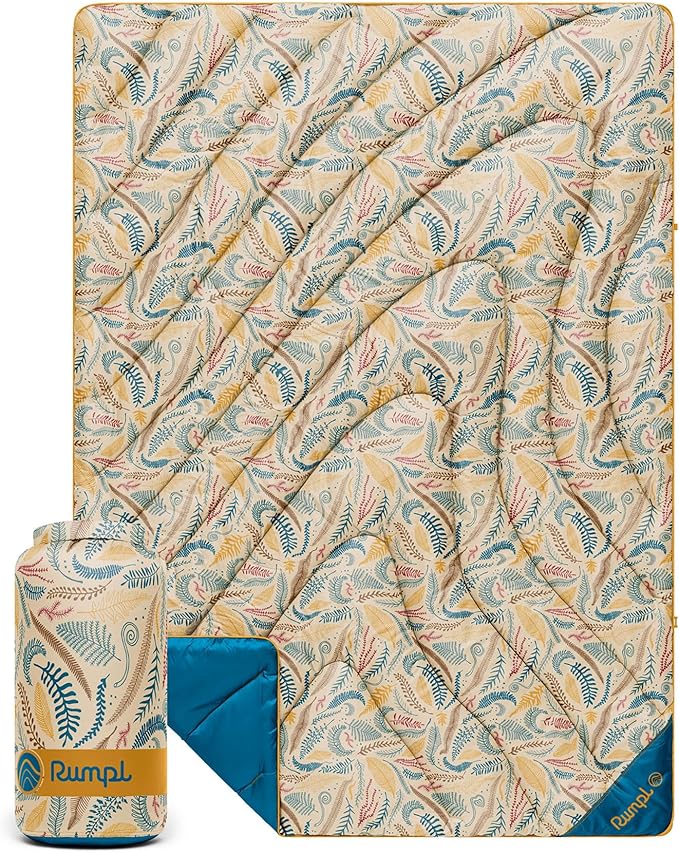 Rumpl Original Puffy Compact Throw Blanket for Camping and Outdoors, Mustard Fern