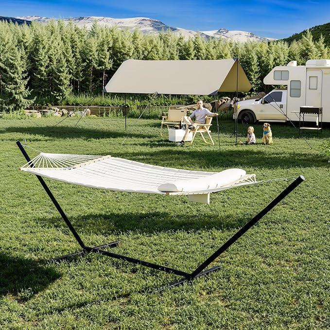 GarveeHome 2 Person Hammock with Stand, Portable Outdoor Hammock, Heavy Duty Hammock with Carrying Bag, Soft Pillow, Balance Ropes, White