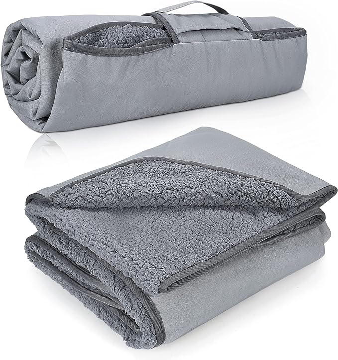 Tirrinia Waterproof Outdoor Blanket with Sherpa Lining, Windproof Triple Layers Warm Comfy Foldable for Camping Stadium, Beach, Picnic, Grass, Concerts, Car, Dog, 51''X 59'' & 59''X 80''