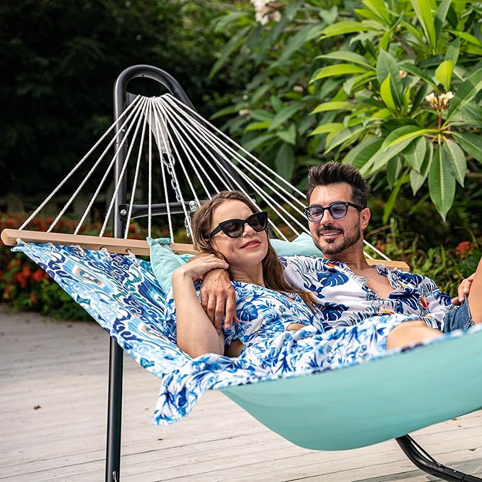 Lazy Daze Hammocks 2 Person Double Quilted Fabric Hammock with Spreader Bar, Detachable Pillow, Side Pocket, Carabiners, Chains, Straps for Outdoor, 450lbs Capacity, Floral Auqa