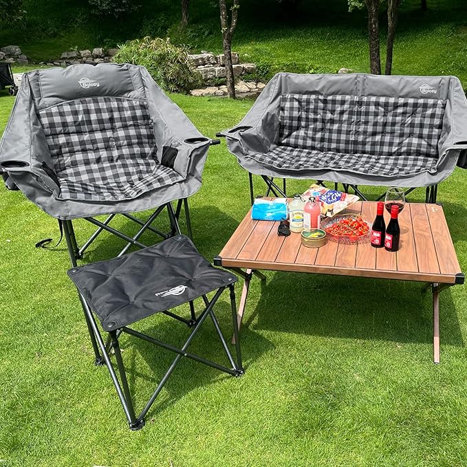 Bolosy 2 Pack Oversized Camping Chairs for Adults Heavy Duty Padded Portable Lawn Chairs Outdoor Folding Chairs XL Camp Chairs with Cup Holder Suproot 500 lbs, Gray Plaid