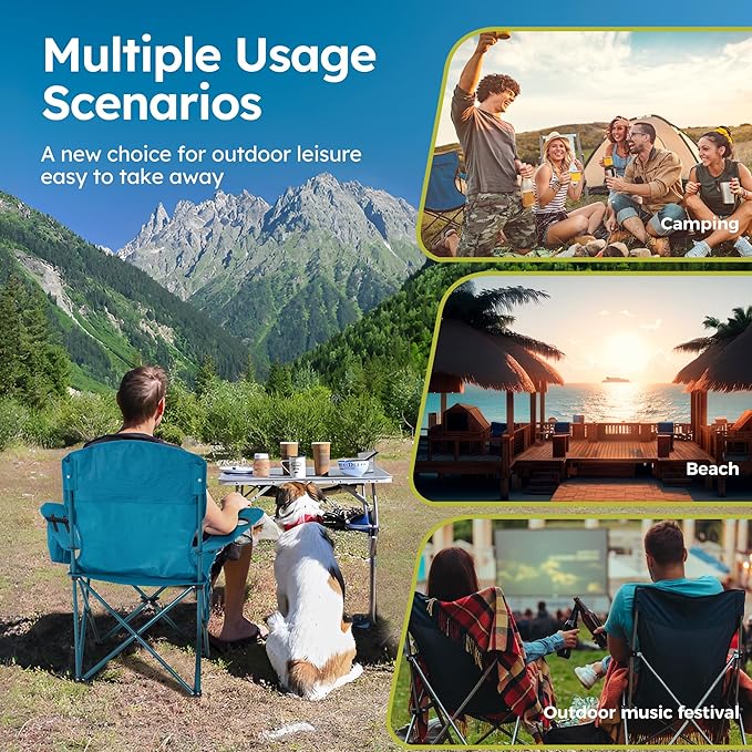 ALPHA CAMP Camping Chairs 350LBS Capacity, Heavy Duty Folding Chair with 4-Can Cooler Bag, Portable Outdoor Chair with Cup Holder for Adults, Collapsible for Tailgating, Beach, Fishing,Black,2PC