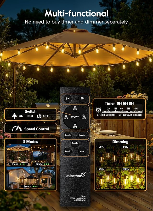 Minetom 100FT Solar-String-Lights-Outdoor-Waterproof, 31+2LED S14 Shatterproof Bulb, Patio Lights with Remote Type-C Port Timable, 3 Light Modes Dimmable Solar String Lights for Outside, Yard, Camping