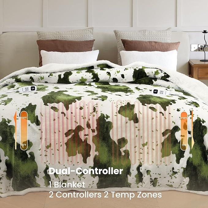 Heated Blanket Queen Blanket - Fast Heating Electric Blanket, Soft Flannel Heated Queen with 4 Time Settings,10 Heating Settings, Warm Gifts for Women & Mom & Grandma(84"x90"Cow Print Sage)