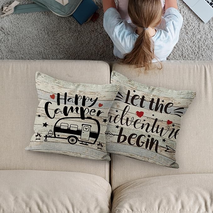 Happy Camper Linen Throw Pillow Case, 18 x 18 Inch Set of 2, Camping Lovers Gifts, Campers Gifts, Camper Decor, RV Decor, Trailer Pillow Cushion Cover for Sofa Couch Bed