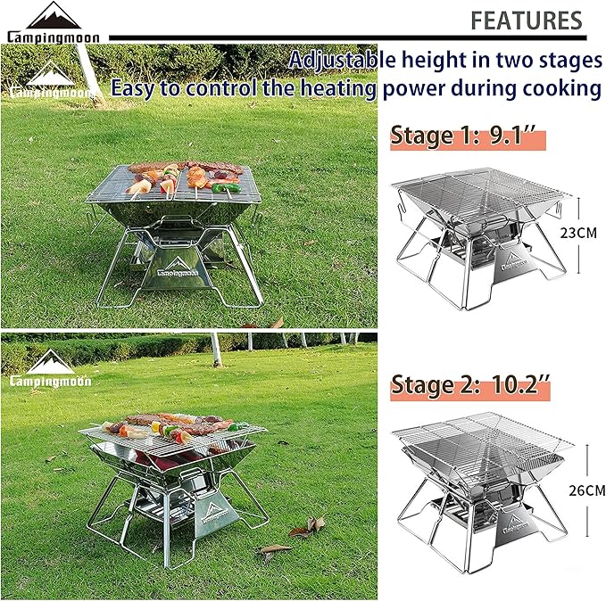 CAMPINGMOON Portable Campfire BBQ Grill 14 Inch Stainless Steel Folding Fire Pit Wood Burning Adjustable Height Outdoor Cooking RV Camping Carry Bag MT-2
