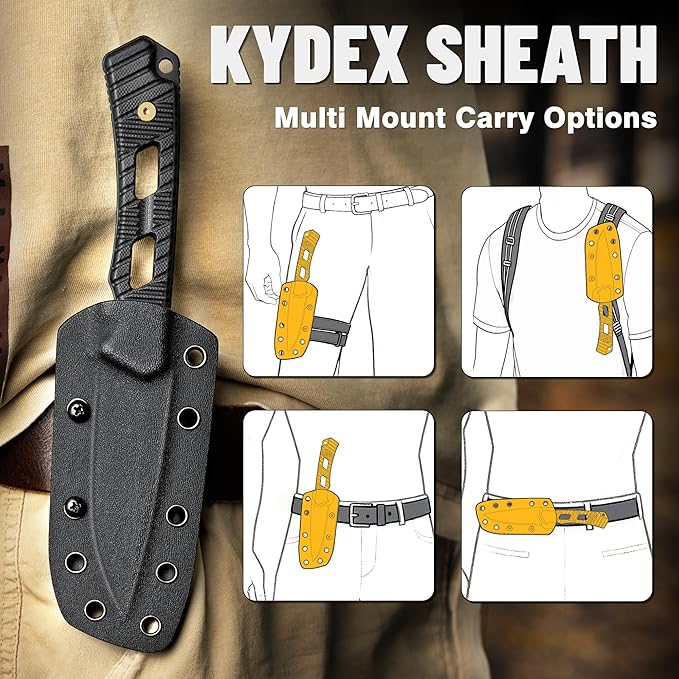 LOTHAR KA52 Fixed Blade Knife with Sheath, D2 Steel Survival Tactical Hunting Knife for Camping Bushcraft Outdoor, Vertical Horizontal Carry Cool Full Tang Knives, Survival Tactical Gear Christmas Valentine Gift for Men Women