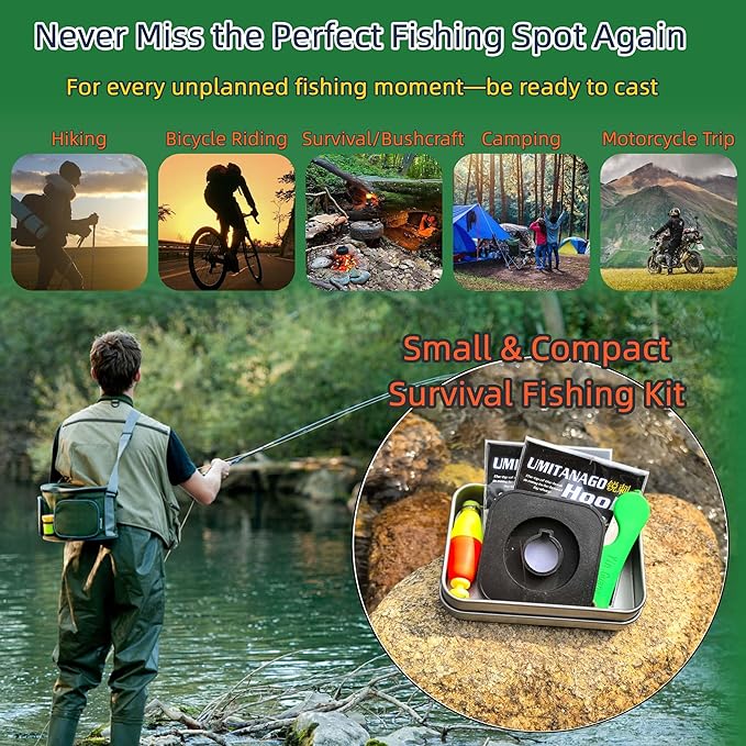 Mini Survival Fishing Kit–Compact Emergency Gear for Camping,Hiking,Bushcraft,Backpacking Small Tackle Box with Hooks,Line,Tools