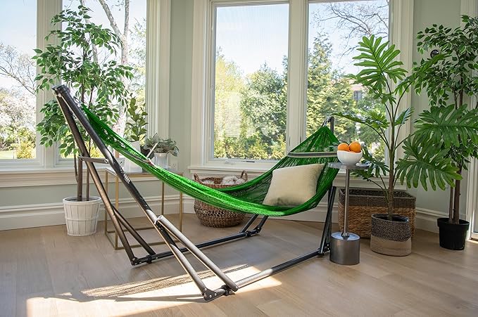 Best Home Fashion Hammock for 2 Persons with Collapsible Steel Stand 600 lbs Capacity- Portable Carrying Case, Adjustable, Perfect for Camping Beach Patio, EZ Daze Foldable Hammock with Stand- Green
