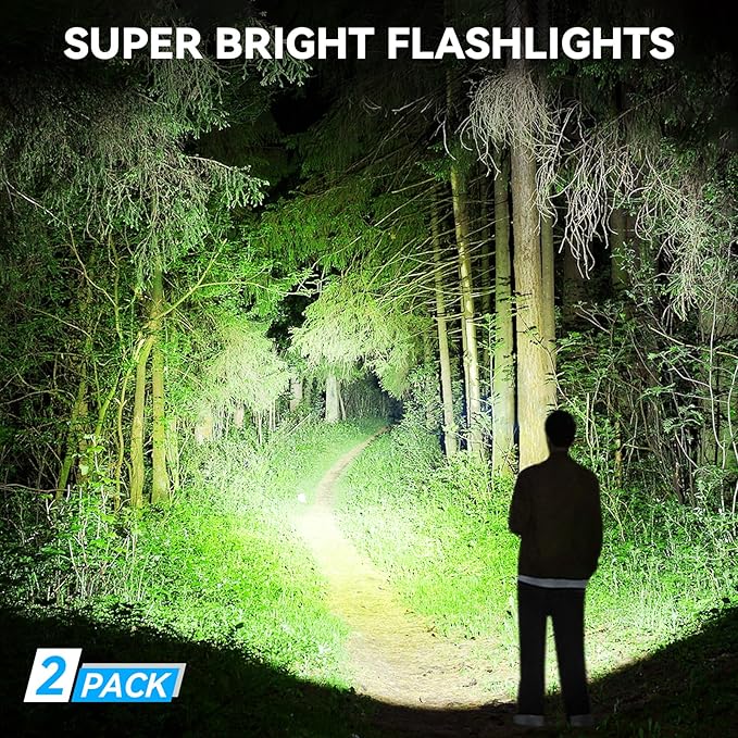 Kmivo Flashlight Rechargeable LED High Lumens, 99,000 Lumens Super Bright Flash Lights with 5 Modes, Adjustable，Waterproof Powerful Linterna for Home, Camping(2 Pack)
