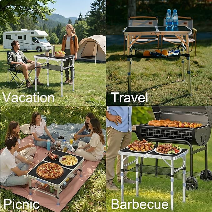 Small Folding Table Portable, 2FT Camping Pinic Table with 3 Adjustable Height, Aluminum Foldable Lightweight Patio Side Table with Carry Handle for Outdoor Hiking Camp BBQ Beach (Black)