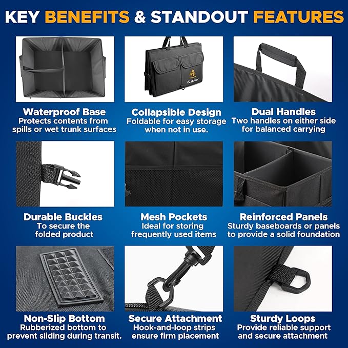 EcoNour Trunk Organizer for Car | SUV Collapsible Cargo Storage Box with Detachable Dividers, Mesh Pockets & Adjustable Straps | Multi Compartment Organizer for Groceries, Tools, Travel – Black