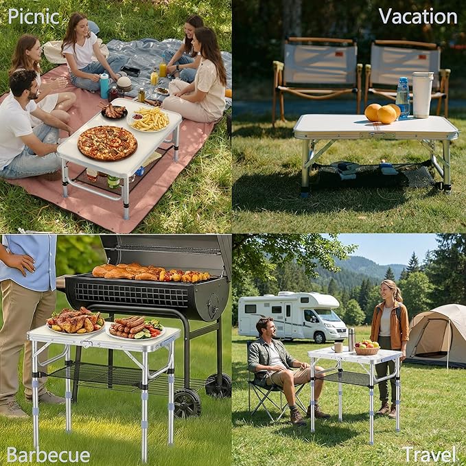 Small Folding Table Portable, 2ft Camping Pinic Table with 3 Adjustable Height, Aluminum Foldable Lightweight Patio Side Table with Carry Handle for Outdoor Indoor Hiking Camp BBQ Beach (White)