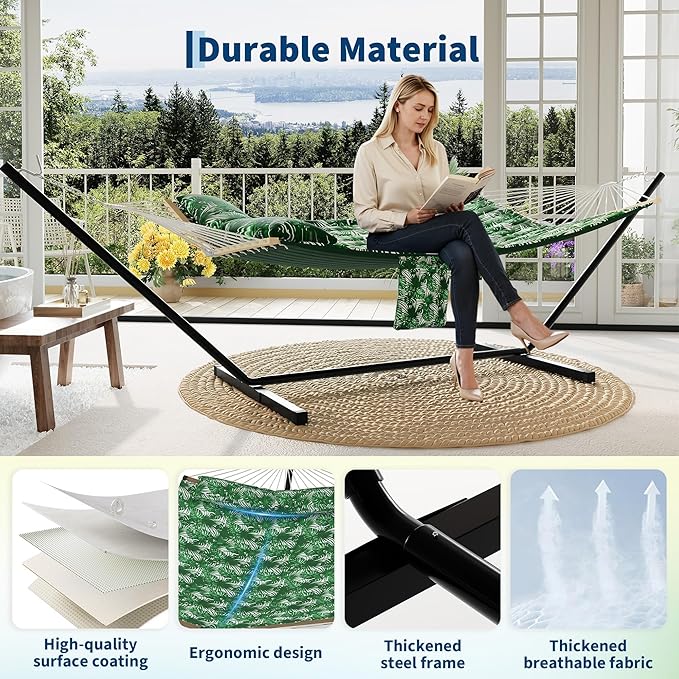 GarveeHome Portable 2 Person Double Hammock with Sturdy Heavy-Duty Steel Stand – 450LBS Max Load, Quick & Effortless Assembly, Perfect for Indoor Living, Yard, Patio & Camping Trips
