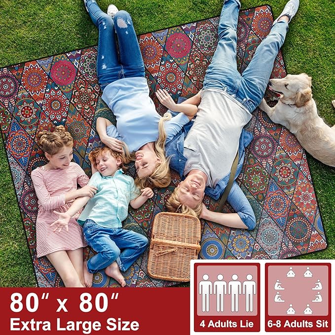 80x80" Picnic Blankets Waterproof Beach Blanket Outdoor Sandproof Foldable Park Lawn Grass Concert Mat Portable Tent Rugs Camper Inside Outside Camping Gifts Accessories Road Trip Necessities