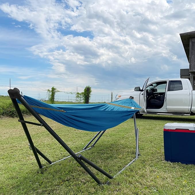 Tranquillo Uniki Hammock Stand 550 lbs Capacity, Portable, Collapsible Outdoor Hammock with Stand, Signature Steel Stand Breathable Canvas Hammock Net, Blue