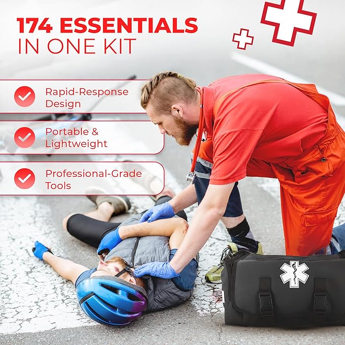 Fully Stocked Trauma Bag – Tactical First Responder Medical Kit with Tourniquet, Vented Chest Seals, Hemostatic Gauze, Trauma Shears, Bandages & Bleeding Control Supplies – Black