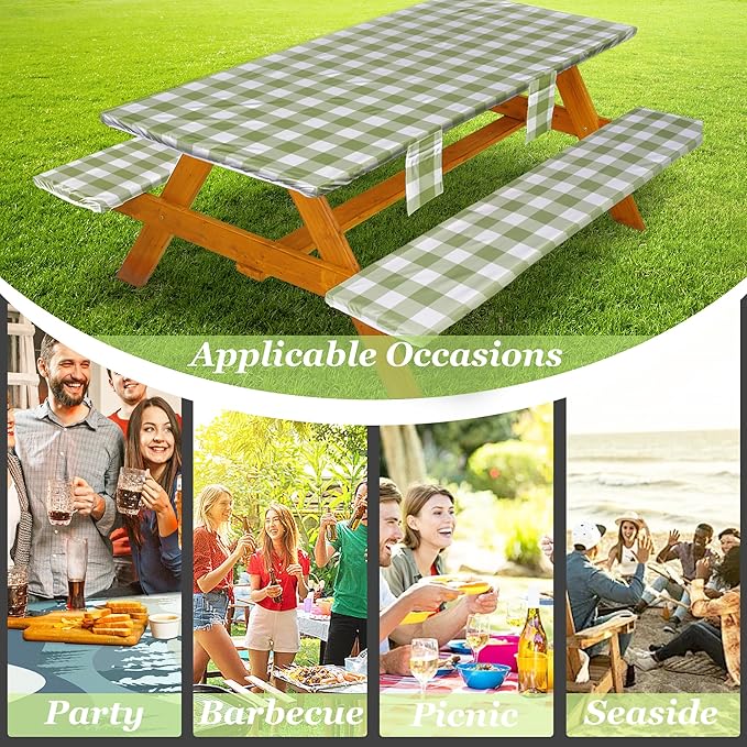 Picnic Table Cover with Bench Covers Vinyl Elastic Edges Fitted Rectangle Seat Tables Waterproof 3-Piece96X30in Set Outdoor Rectangular Folding Backing Tablecloth for Camping Over Size