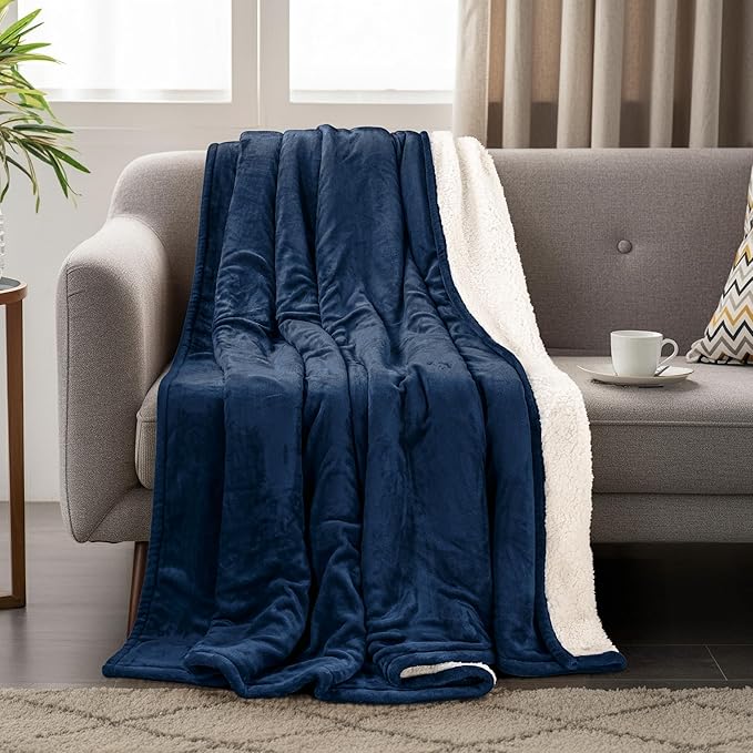 Utopia Bedding Sherpa Blanket Throw Size (Navy, 50x60 Inches) - Soft Lightweight Plush Fleece Reversible Blanket for Bed, Sofa, Couch, Camping and Travel
