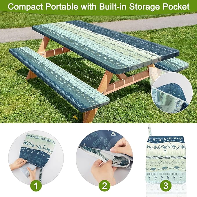 Picnic Table Cover with Bench Covers Portable Table Cloth Built-in Storage Pocket Fitted Tablecloth with Elastic Edges Waterproof Camping Essentials for Indoor Outdoor Rv,72in,CadetBlue