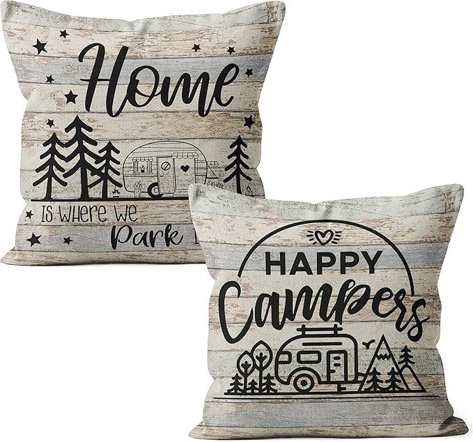 Happy Camper Pillow Covers - Best Gifts for RV Owners, 18x18 Camper Pillows Cover, Camper Decorations for Inside, RV Decor, RV Gifts