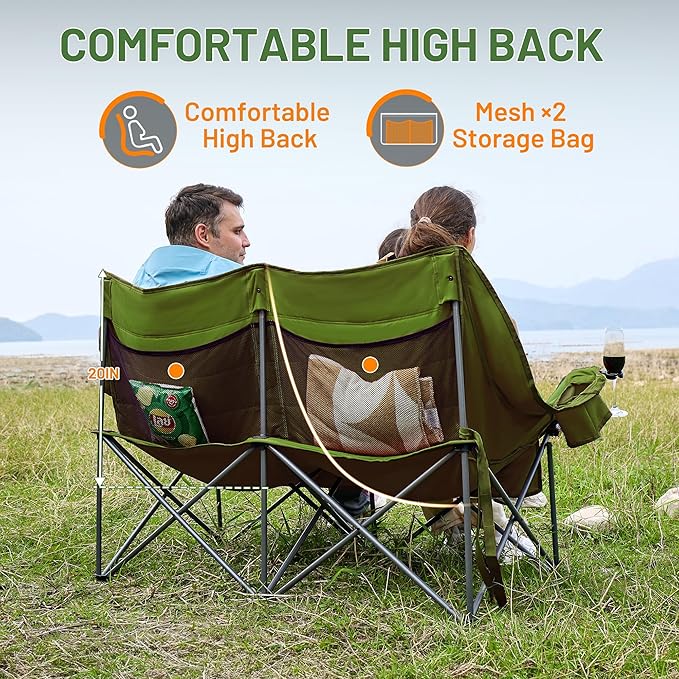 Timber Ridge Double Camping Chair, Heavy Duty Outdoor Folding Camp Couch, Loveseat Camping Chairs Perfect for Campsites, Patio/Lawn, Soccer Games or Other Youth Sports, Supports 600 lbs