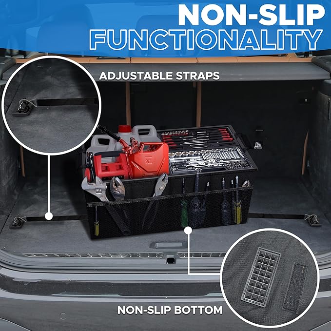 EcoNour Trunk Organizer for Car | SUV Collapsible Cargo Storage Box with Detachable Dividers, Mesh Pockets & Adjustable Straps | Multi Compartment Organizer for Groceries, Tools, Travel – Black