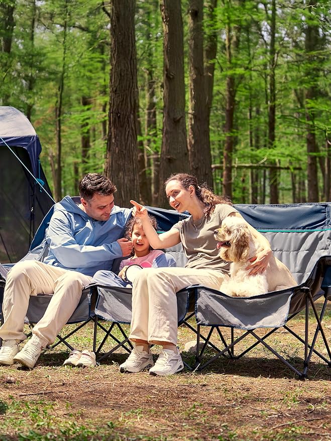 Timber Ridge 3 Person Camping Chair with Cup Holders and Pockets, Outdoor Folding Loveseat Camping Chairs, 1050lbs Capacity Heavy Duty Camp Couch for Outside Picnic, Beach, Lawn, Sports, Blue