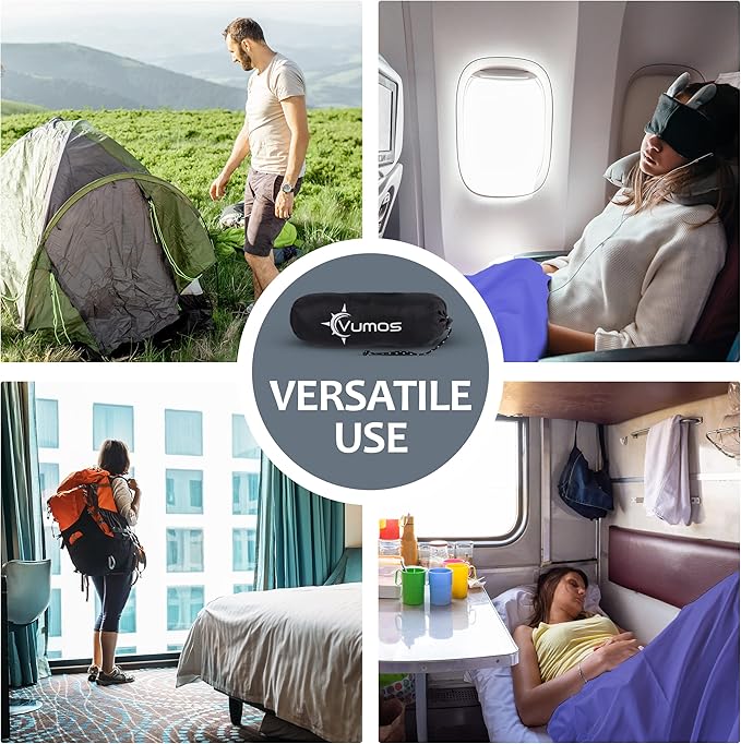 Sleeping Bag Liner Travel Sheet with Full-Length Zipper, Lightweight Silk-Like Polyester Camping Liner with Pillow Pocket, Compact Sleeping Bag Insert for Travel, Backpacking & Hostels