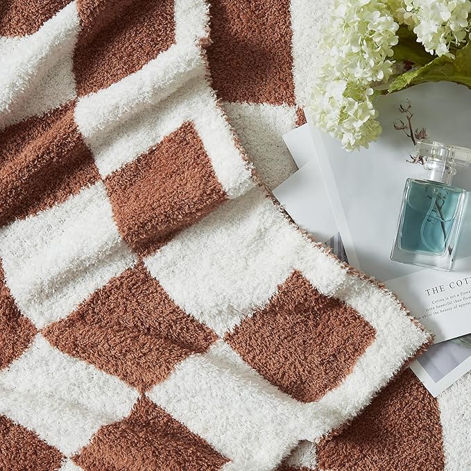 WRENSONGE Checkered Throw Blanket, Autumn Leaf Orange Soft Cozy Fluffy Warm Hand Made Throw Blankets for Couch, Sofa, Chair, Bed, Camping, Picnic, Travel Lightweight Bed Blanket - 50"*60"