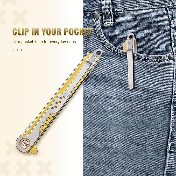 FUNBRO Cool Pocket Knife Gifts for Men, EDC Tanto Blade Folding Knives with Clip, Flipper Open Survival Knife with Window Breaker and Liner Lock for Outdoor Camping (Gold)