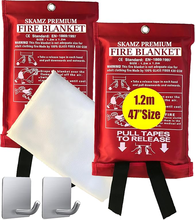 SKAMZ Emergency Fire Blanket for Home and Kitchen - XL Size - 2 Pack 47" x 47" W/Hooks - Welding Fireproof Blanket, Fire Blankets to Smother a Kitchen Fire, Fireplace, Grill, BBQ
