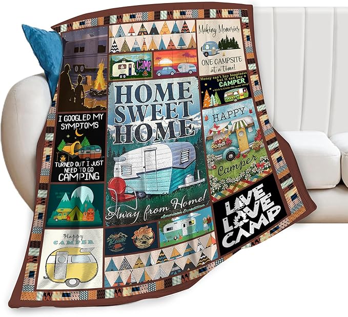 Camping Blanket Soft Warm Plush Throw Blanket Happy Camper RV Gifts for Camper Lover Cozy Lightweight Flannel Fleece Bedding Stuff Decor Blanket for Girls Kids Adults Women 40"x50"
