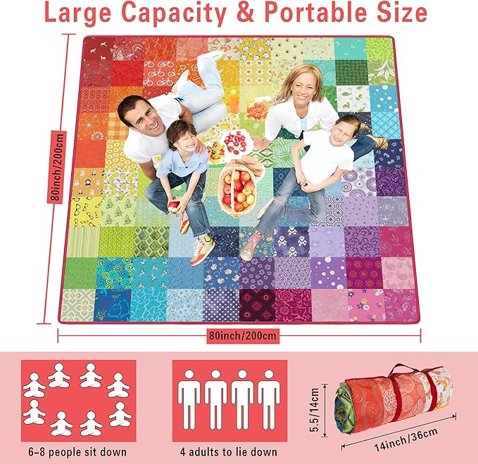 Supfitness Extra Large Picnic Blankets Waterproof Foldable (80"x 80") Boho Beach Blanket Waterproof Sandproof,3-Layer Thicking Mat Outdoor Packable Camping Blanket