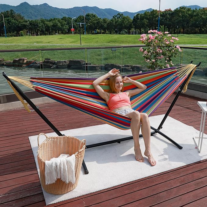 Prime Garden Hammock with Stand for Outside, Heavy Duty Space Saving Steel Stand with 450 lb Capacity,Double Hammock with Portable Carrying Bag, Hamacas para Adultos for Outdoors, Patio, Garden, Yard